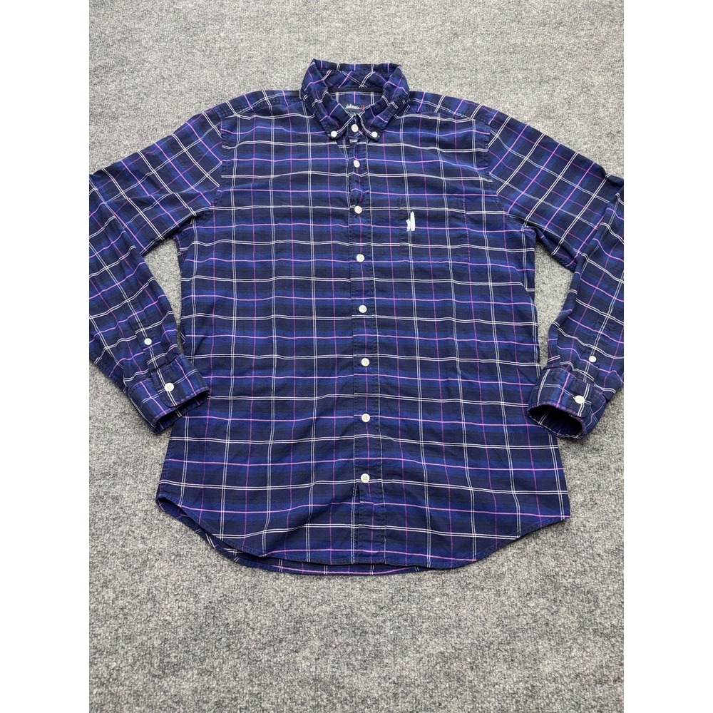 Johnnie-O Men Large Navy Blue Pink Plaid Long Sleeve Button Down Surfer Logo